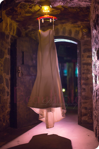 The wedding dress hanging in the basement of club Velvet at Auberge st-Gabriel at the Old Port in Montreal