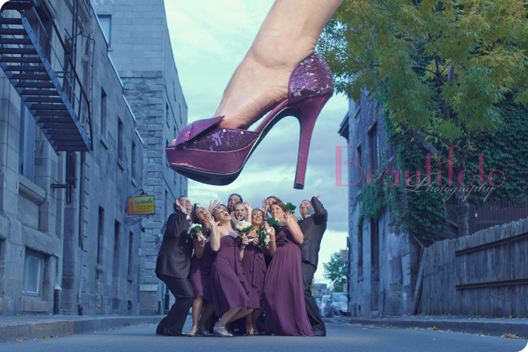 a fun portrait of a bridezilla and the bride's awesome purple shoes